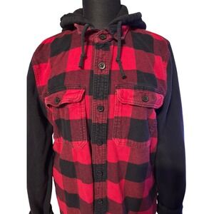 Hollister Red Black Plaid Hooded Flannel Shirt Jacket Button Up Menswear Pockets